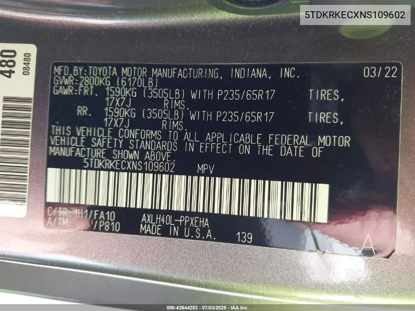 2022 Toyota Sienna Le VIN: 5TDKRKECXNS109602 Lot: 42644253