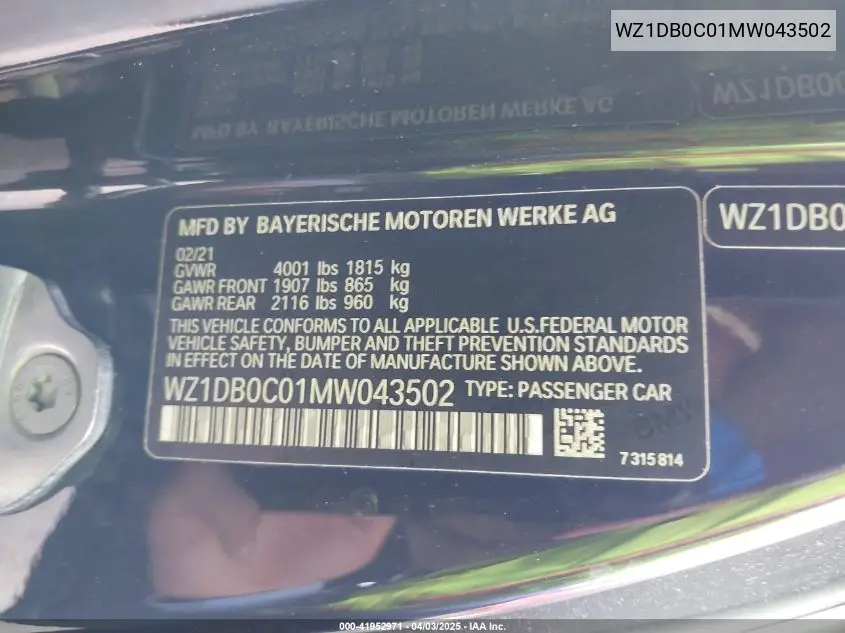 2021 Toyota Gr Supra 3.0 Premium VIN: WZ1DB0C01MW043502 Lot: 41952971