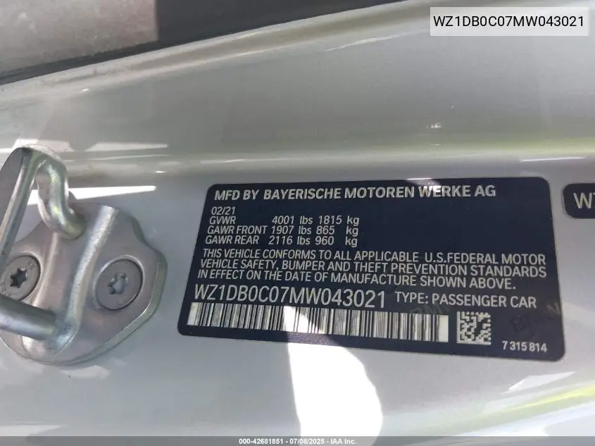 2021 Toyota Gr Supra 3.0 Premium VIN: WZ1DB0C07MW043021 Lot: 42681851