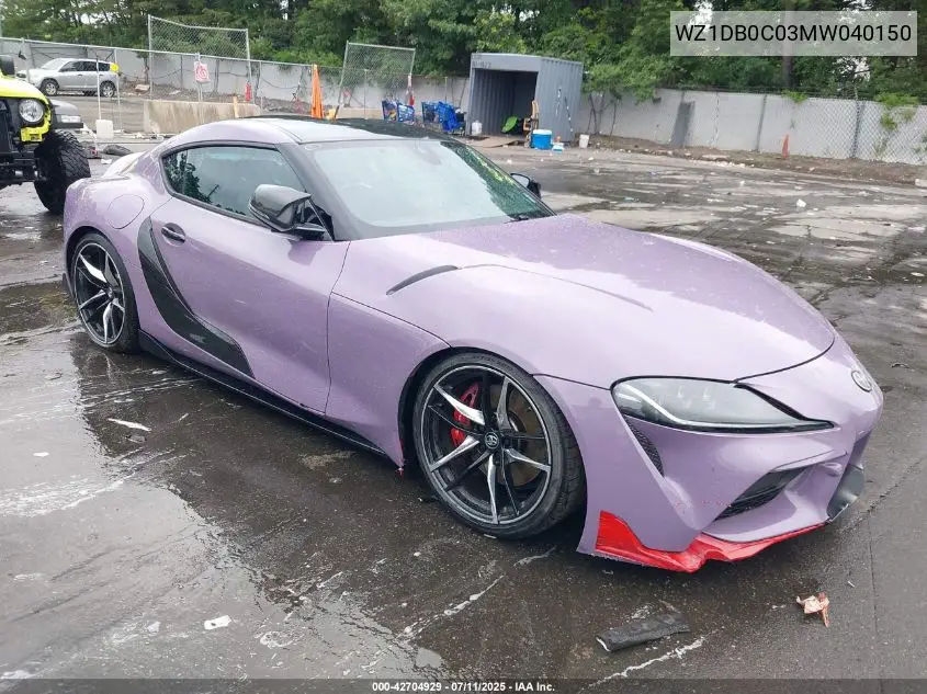 2021 Toyota Gr Supra 3.0 Premium VIN: WZ1DB0C03MW040150 Lot: 42704929