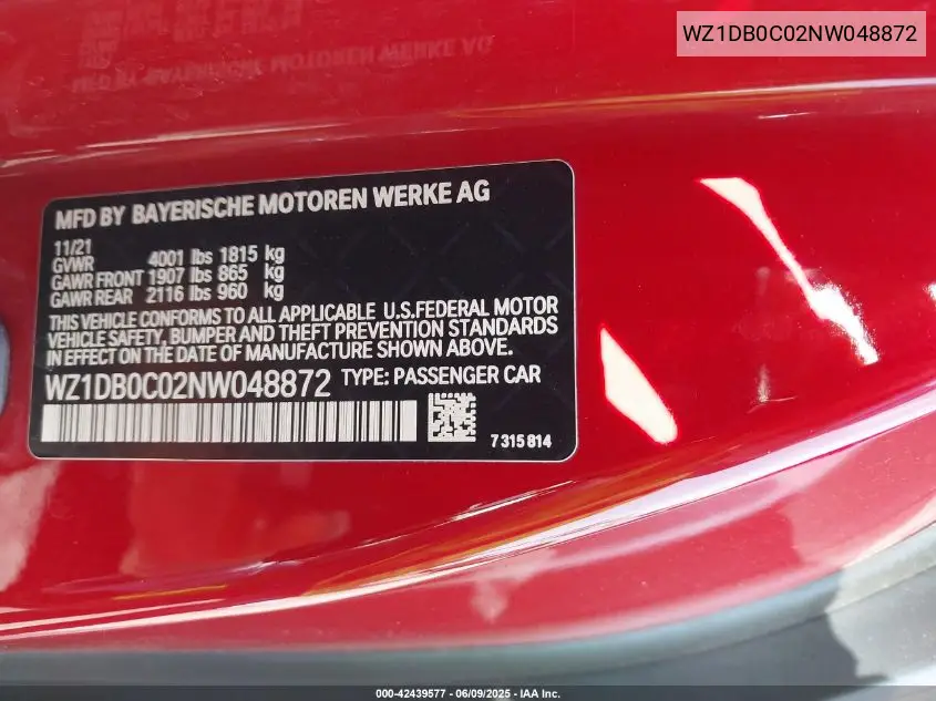 2022 Toyota Gr Supra 3.0 Premium VIN: WZ1DB0C02NW048872 Lot: 42439577