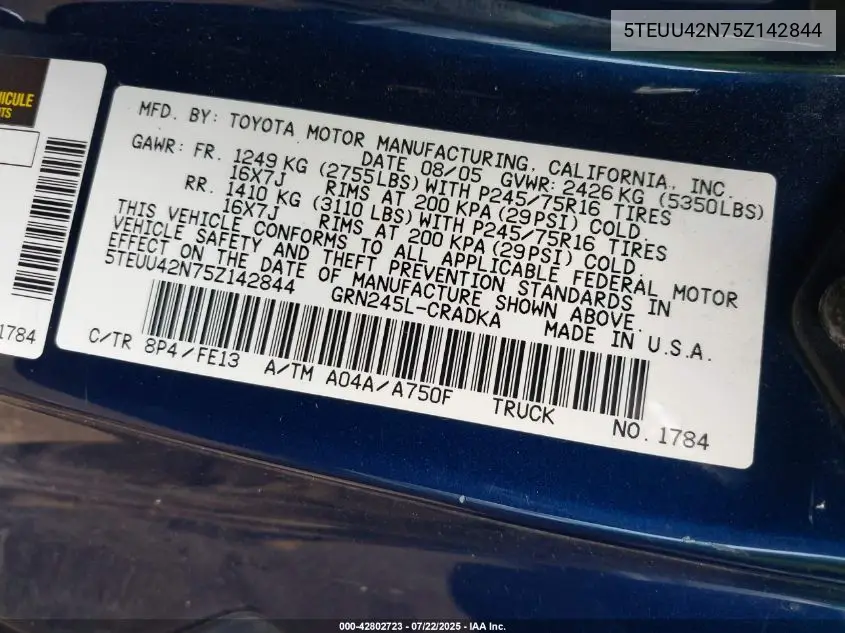 2005 Toyota Tacoma Base V6 VIN: 5TEUU42N75Z142844 Lot: 42802723