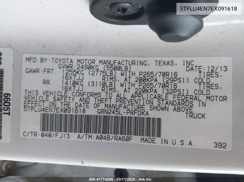 2014 Toyota Tacoma Base V6 VIN: 5TFLU4EN7EX091618 Lot: 41774286