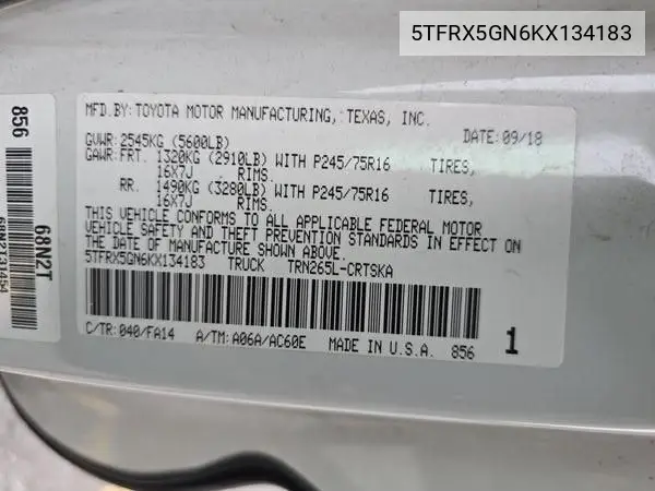 2019 Toyota Tacoma Access Cab/Sr/Sr5/Trd Sport VIN: 5TFRX5GN6KX134183 Lot: 42626662