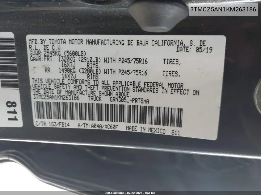 2019 Toyota Tacoma Sr V6 VIN: 3TMCZ5AN1KM263186 Lot: 42803888