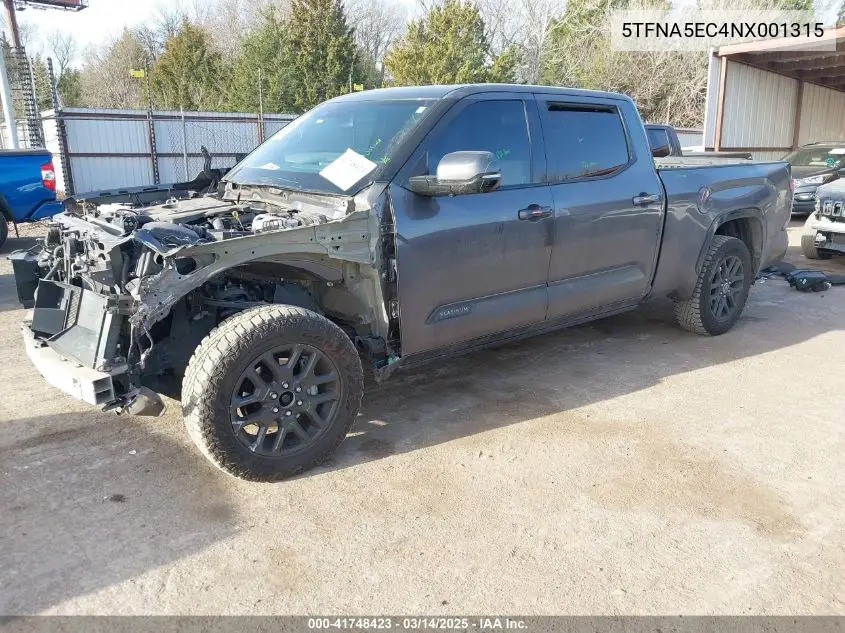 2022 Toyota Tundra Platinum VIN: 5TFNA5EC4NX001315 Lot: 41748423