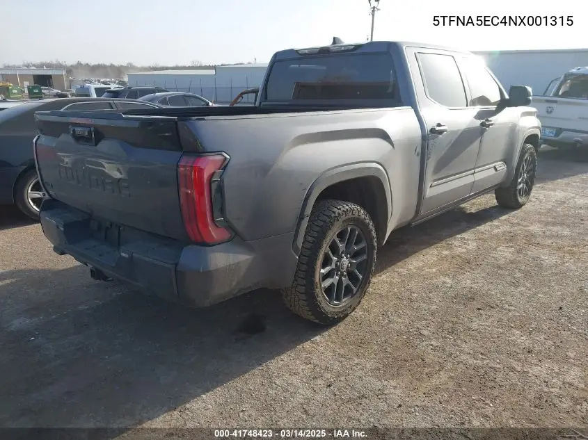 2022 Toyota Tundra Platinum VIN: 5TFNA5EC4NX001315 Lot: 41748423