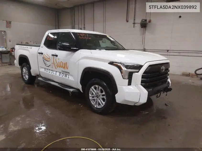 2022 Toyota Tundra Sr5 VIN: 5TFLA5DA2NX039892 Lot: 41876666