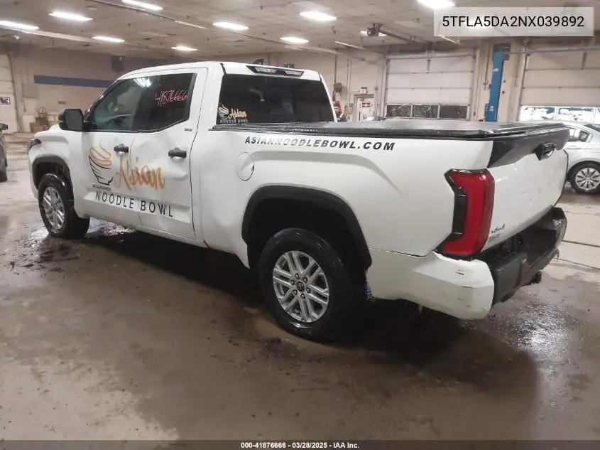 2022 Toyota Tundra Sr5 VIN: 5TFLA5DA2NX039892 Lot: 41876666