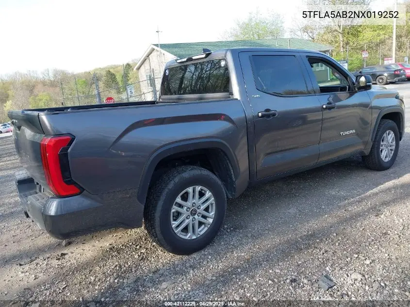 2022 Toyota Tundra Sr5 VIN: 5TFLA5AB2NX019252 Lot: 42112229