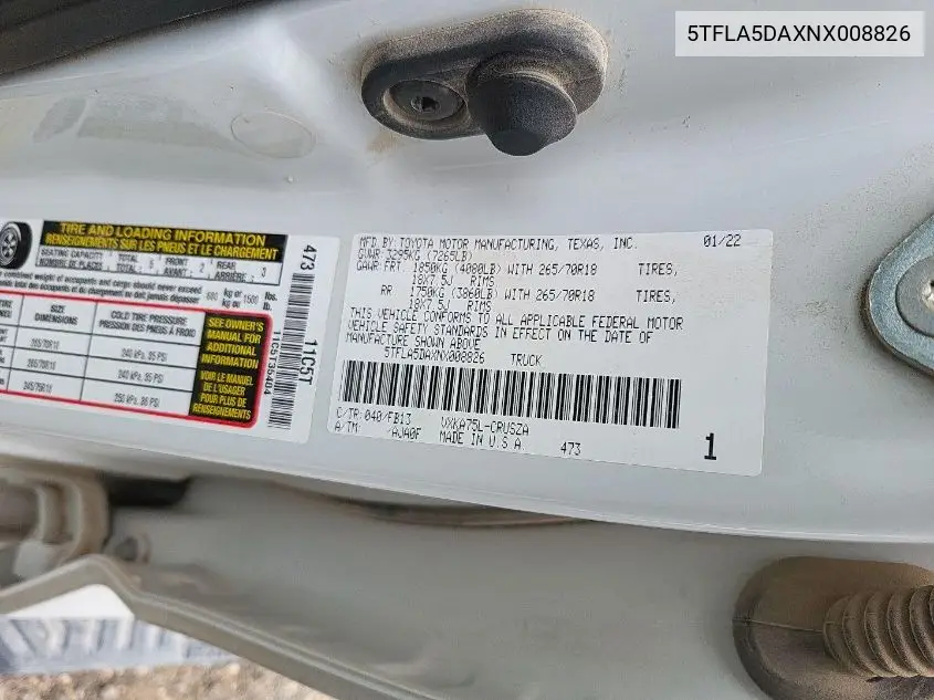 2022 Toyota Tundra Sr5 VIN: 5TFLA5DAXNX008826 Lot: 42233462