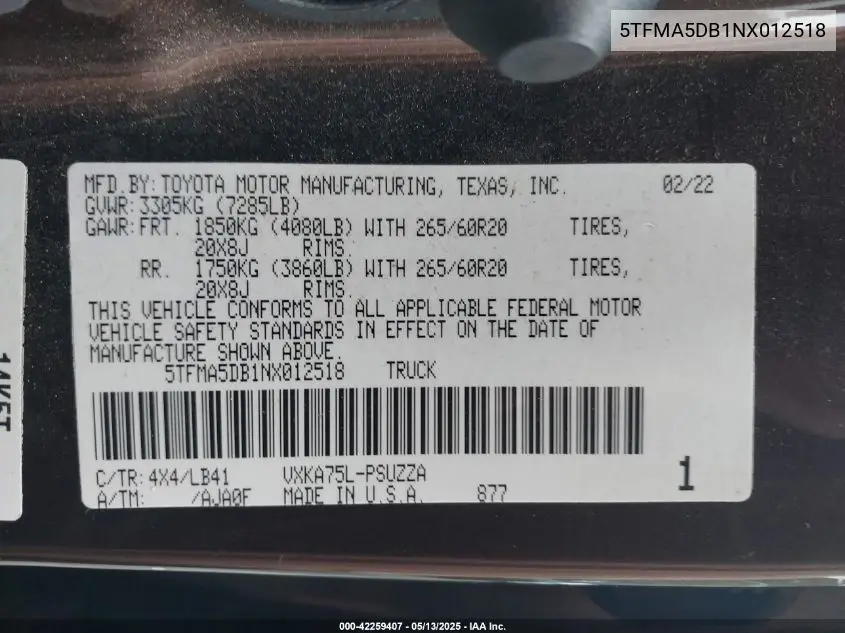 2022 Toyota Tundra 1794 Edition VIN: 5TFMA5DB1NX012518 Lot: 42259407