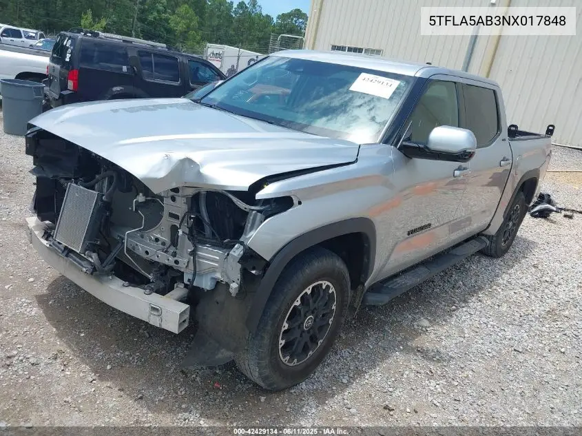 2022 Toyota Tundra Sr5 VIN: 5TFLA5AB3NX017848 Lot: 42429134