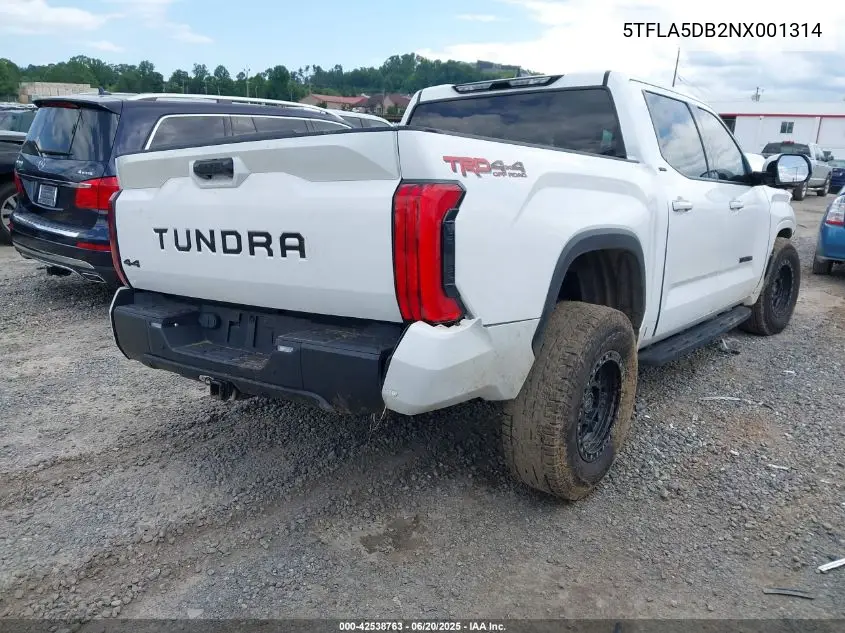 2022 Toyota Tundra Sr VIN: 5TFLA5DB2NX001314 Lot: 42538763