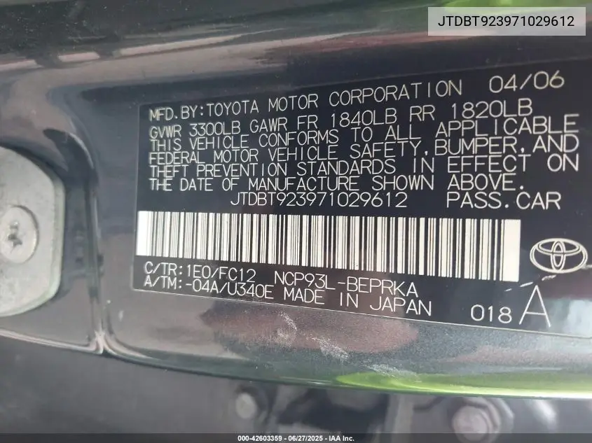 2007 Toyota Yaris VIN: JTDBT923971029612 Lot: 42603359