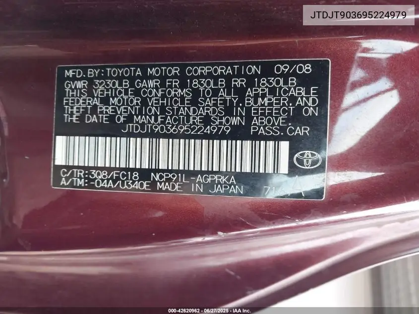 2009 Toyota Yaris S VIN: JTDJT903695224979 Lot: 42620962