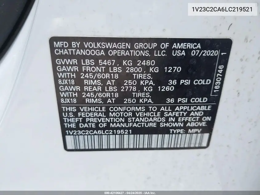 2020 Volkswagen Atlas Cross Sport 2.0T Se VIN: 1V23C2CA6LC219521 Lot: 42106427