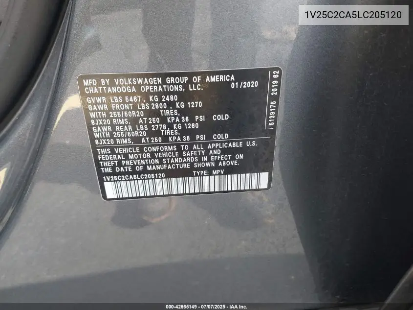 2020 Volkswagen Atlas Cross Sport 2.0T Se W/Technology/2.0T Se W/Technology R-Line VIN: 1V25C2CA5LC205120 Lot: 42665149