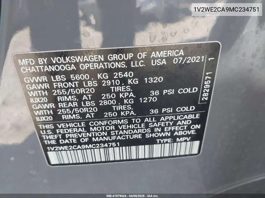 2021 Volkswagen Atlas Cross Sport 3.6L V6 Se W/Technology VIN: 1V2WE2CA9MC234751 Lot: 41979424