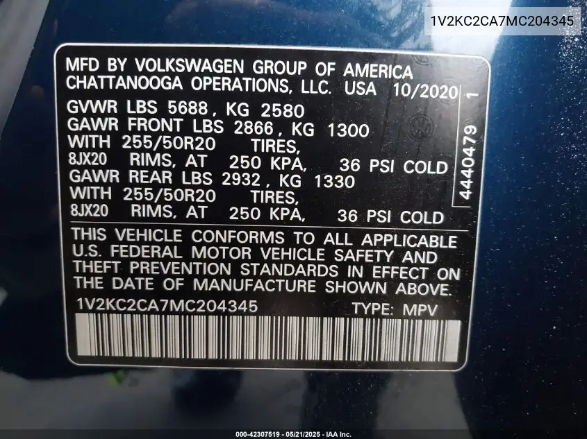 2021 Volkswagen Atlas Cross Sport 2.0T Se W/Technology VIN: 1V2KC2CA7MC204345 Lot: 42307519
