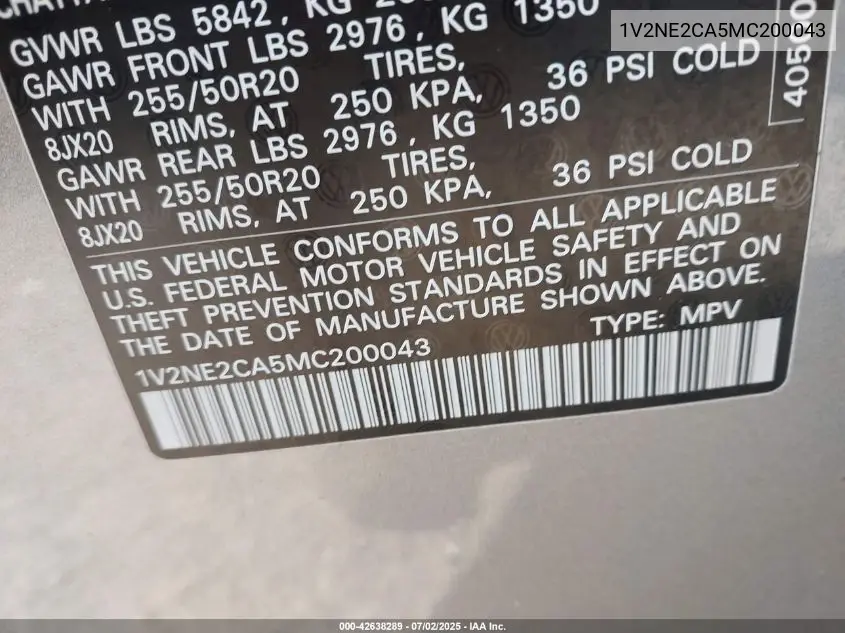 2021 Volkswagen Atlas Cross Sport 3.6L V6 Se W/Technology R-Line VIN: 1V2NE2CA5MC200043 Lot: 42638289