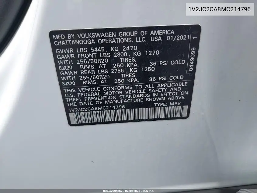 2021 Volkswagen Atlas Cross Sport 2.0T Se W/Technology VIN: 1V2JC2CA8MC214796 Lot: 42691862