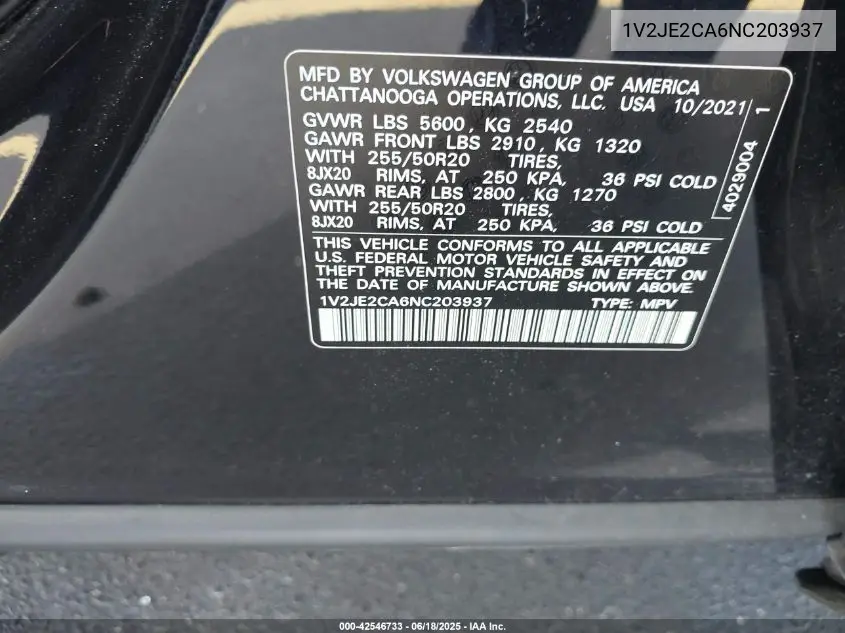 2022 Volkswagen Atlas Cross Sport 3.6L V6 Se W/Technology VIN: 1V2JE2CA6NC203937 Lot: 42546733