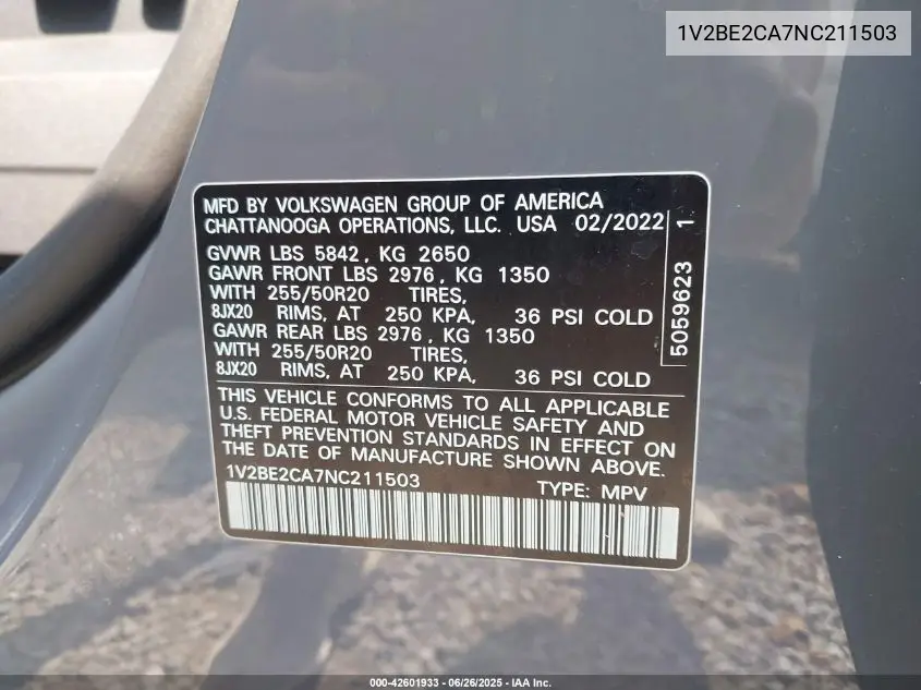 2022 Volkswagen Atlas Cross Sport 3.6L V6 Sel VIN: 1V2BE2CA7NC211503 Lot: 42601933
