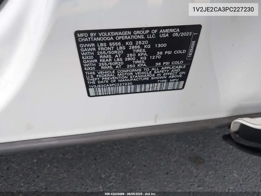 2023 Volkswagen Atlas Cross Sport 3.6L V6 Se W/Technology VIN: 1V2JE2CA3PC227230 Lot: 42435466