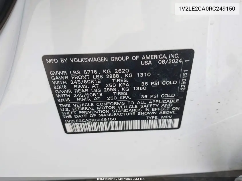 2024 Volkswagen Atlas Cross Sport 2.0T Se VIN: 1V2LE2CA0RC249150 Lot: 41969218