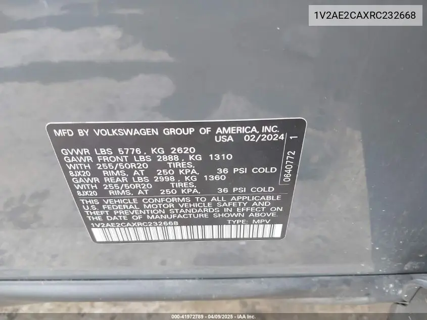 2024 Volkswagen Atlas Cross Sport 2.0T Sel R-Line VIN: 1V2AE2CAXRC232668 Lot: 41972789