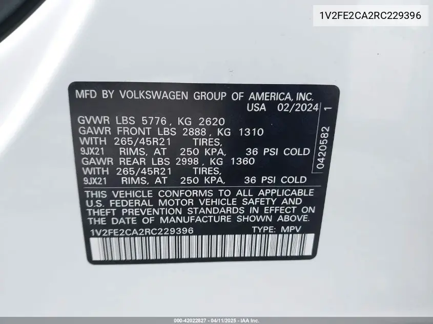 2024 Volkswagen Atlas Cross Sport 2.0T Sel Premium R-Line VIN: 1V2FE2CA2RC229396 Lot: 42022827