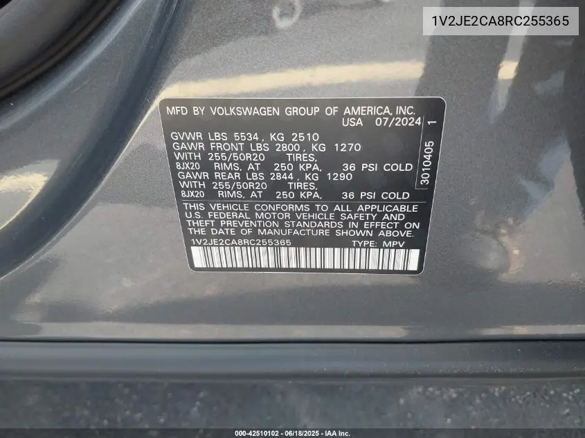 2024 Volkswagen Atlas Cross Sport 2.0T Se W/Technology VIN: 1V2JE2CA8RC255365 Lot: 42510102