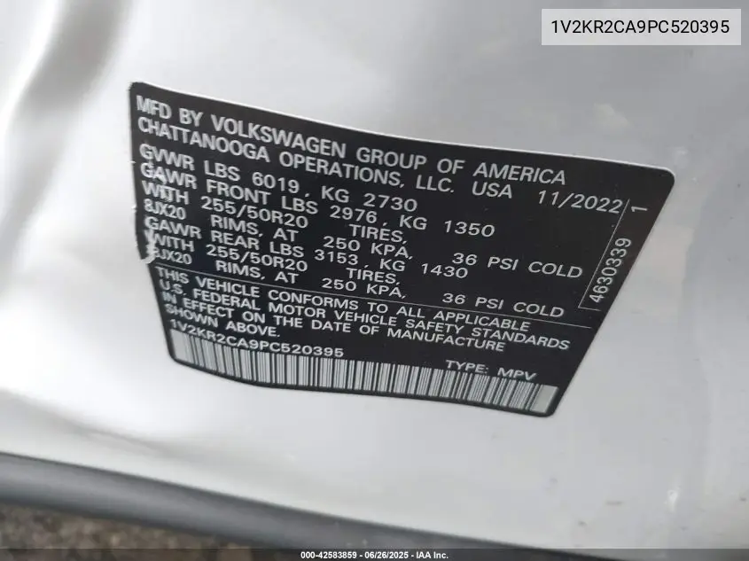 2023 Volkswagen Atlas 3.6L V6 Se W/Technology VIN: 1V2KR2CA9PC520395 Lot: 42583859