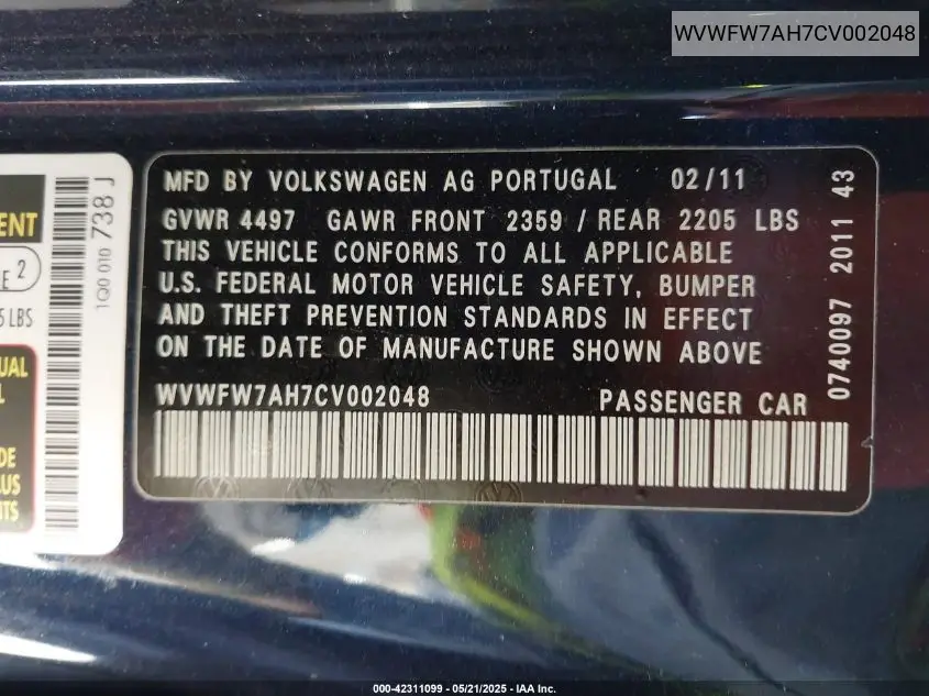 2012 Volkswagen Eos Executive VIN: WVWFW7AH7CV002048 Lot: 42311099