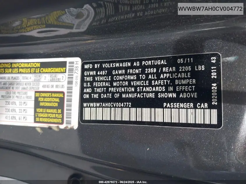 2012 Volkswagen Eos Komfort VIN: WVWBW7AH0CV004772 Lot: 42579373