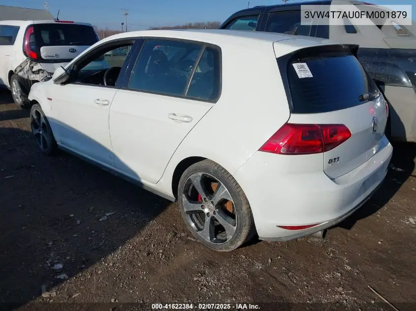 2015 Volkswagen Golf Gti 2.0T Autobahn 4-Door VIN: 3VW4T7AU0FM001879 Lot: 41522384