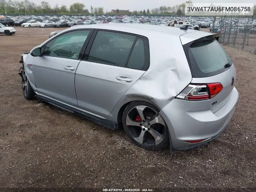 2015 Volkswagen Golf Gti 2.0T S 4-Door VIN: 3VW4T7AU6FM086758 Lot: 42162318