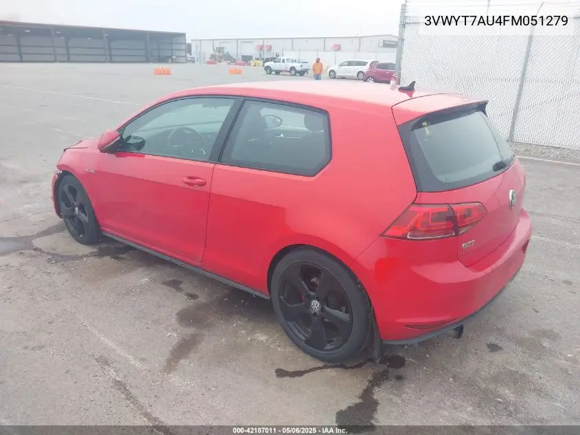 2015 Volkswagen Golf Gti 2.0T S 2-Door VIN: 3VWYT7AU4FM051279 Lot: 42187011