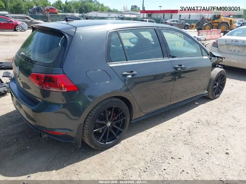 2015 Volkswagen Golf Gti 2.0T Autobahn 4-Door VIN: 3VW4T7AU7FM003001 Lot: 42313998