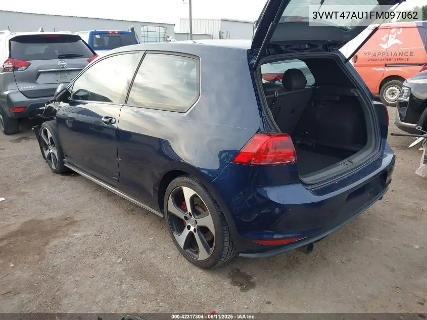 2015 Volkswagen Golf Gti 2.0T Se W/Performance Package 2-Door VIN: 3VWT47AU1FM097062 Lot: 42317304