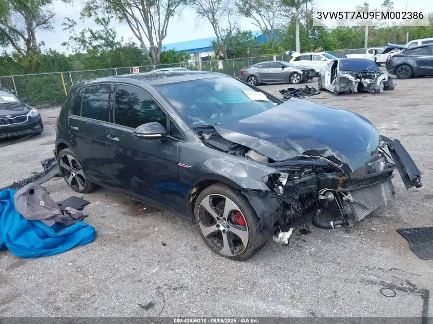 2015 Volkswagen Golf Gti 2.0T Se 4-Door VIN: 3VW5T7AU9FM002386 Lot: 42456310