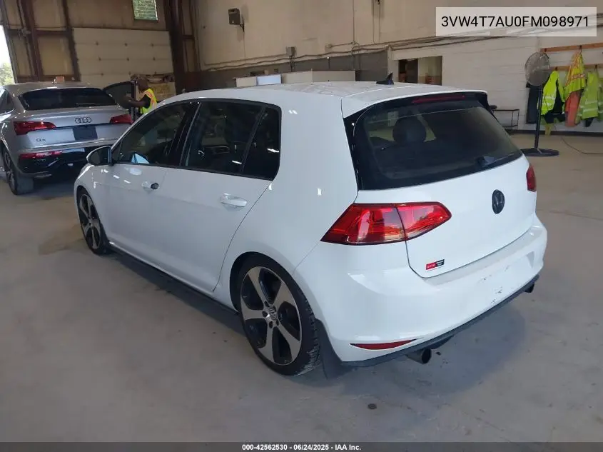 2015 Volkswagen Golf Gti 2.0T Autobahn 4-Door VIN: 3VW4T7AU0FM098971 Lot: 42562530