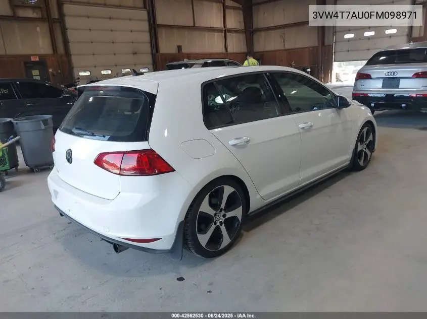 2015 Volkswagen Golf Gti 2.0T Autobahn 4-Door VIN: 3VW4T7AU0FM098971 Lot: 42562530