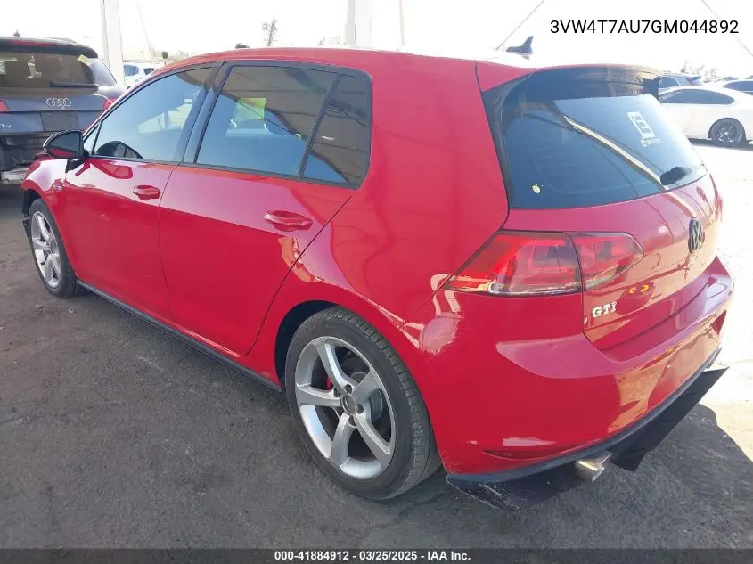 2016 Volkswagen Golf Gti S 4-Door VIN: 3VW4T7AU7GM044892 Lot: 41884912