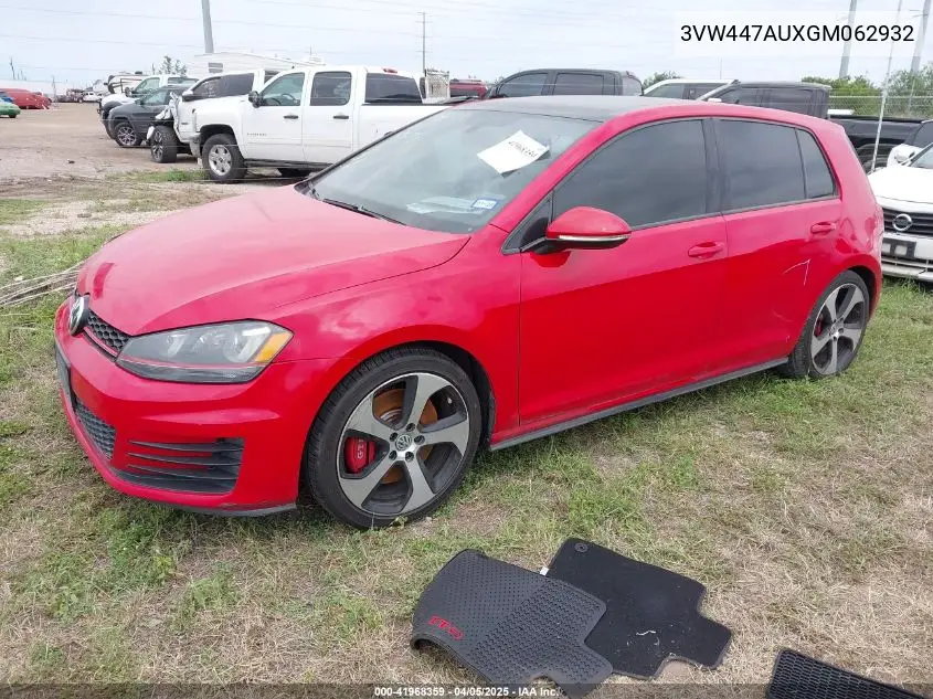 2016 Volkswagen Golf Gti Autobahn W/Performance Package 4-Door VIN: 3VW447AUXGM062932 Lot: 41968359