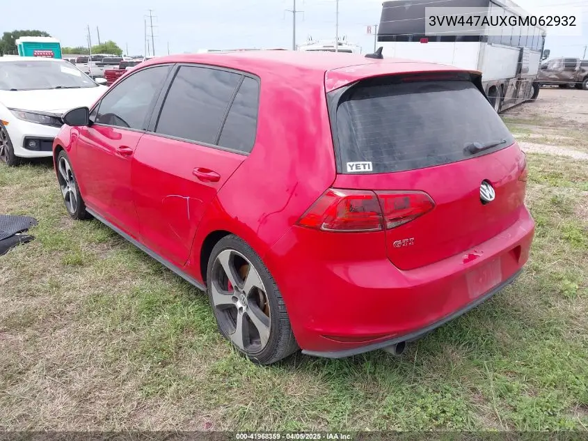 2016 Volkswagen Golf Gti Autobahn W/Performance Package 4-Door VIN: 3VW447AUXGM062932 Lot: 41968359