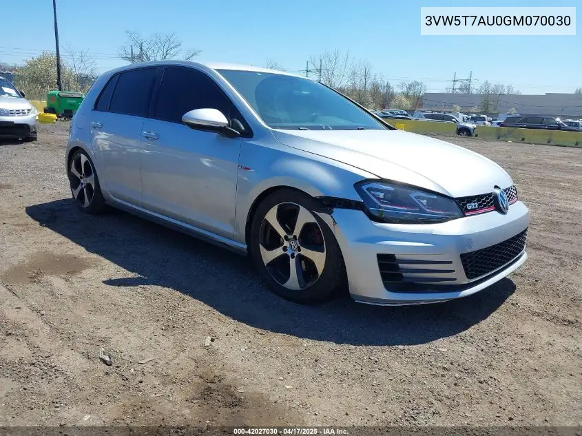 2016 Volkswagen Golf Gti S 4-Door VIN: 3VW5T7AU0GM070030 Lot: 42027030