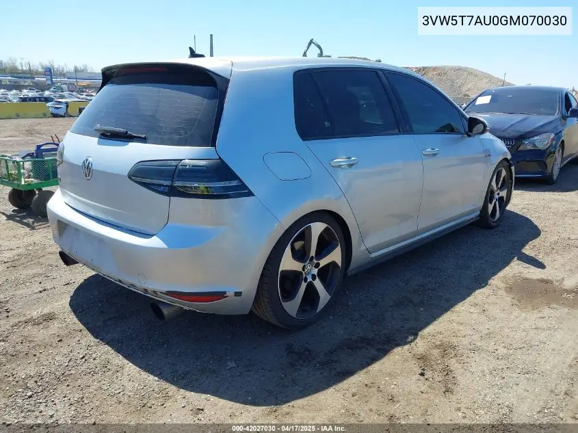 2016 Volkswagen Golf Gti S 4-Door VIN: 3VW5T7AU0GM070030 Lot: 42027030