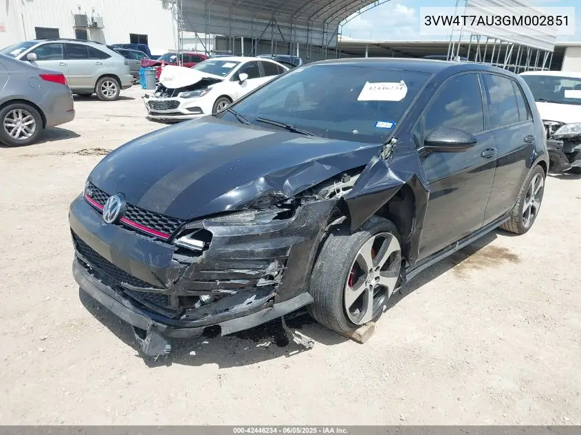 2016 Volkswagen Golf Gti S 4-Door VIN: 3VW4T7AU3GM002851 Lot: 42446234